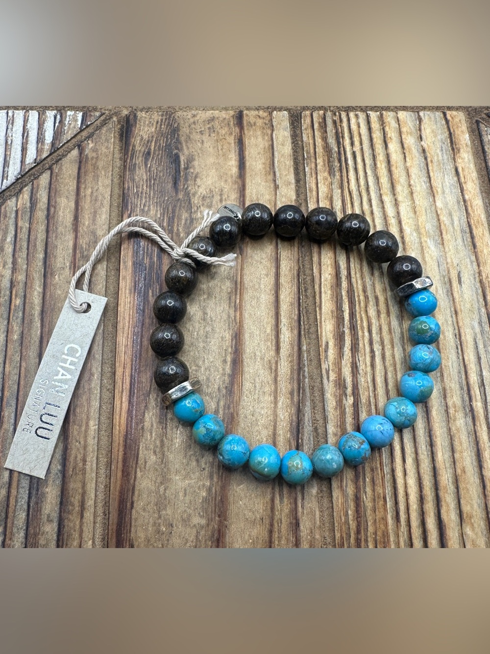 NWT Chan Luu Turquoise & Bronzite Sterling Silver Stretch Bracelet, 925‎